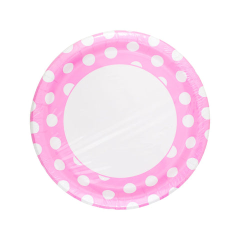 Plato 9 pulgadas rosa con puntos blancos 8 piezas